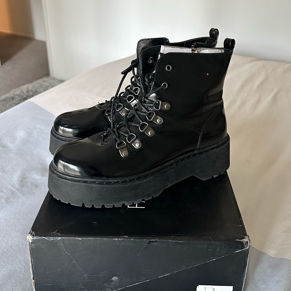 Fashion Nova Glossy Black Combat Boots